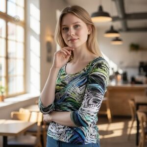 Escada Sports Women's M Drop Neck 3/4 Sleep‎ Blouse Abstract Office Artsy